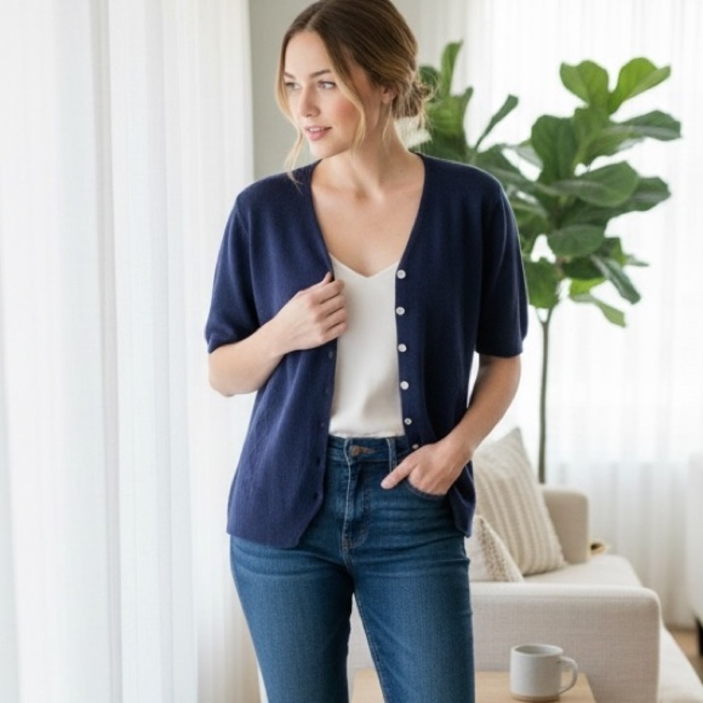 Navy Blue Cardigan Sweater with Round Neckline